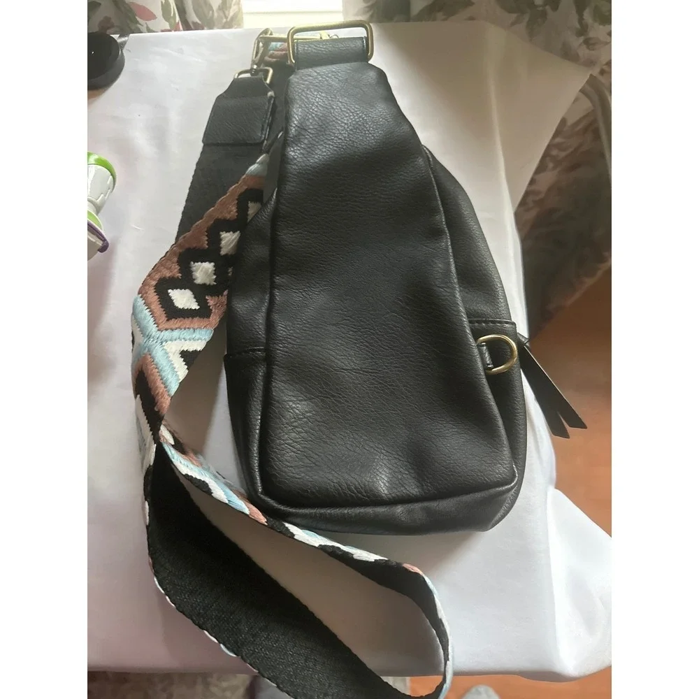 Urban Originals‎ Anthropologie Black Vegan Leather Sling Bag Woven Strap.